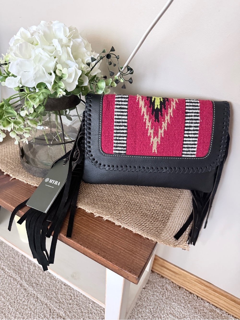 Myra Black Leather Fringe Crossbody/Cutch with Aztec Panel - NWT